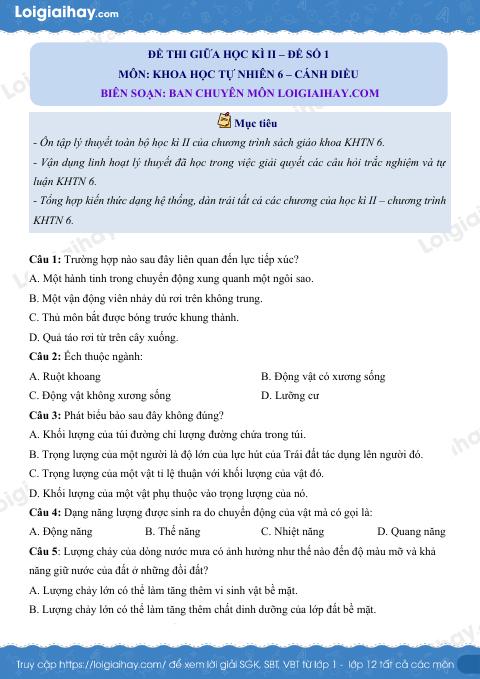 Đề thi giữa kì 2 KHTN 6 Cánh diều - Đề số 1